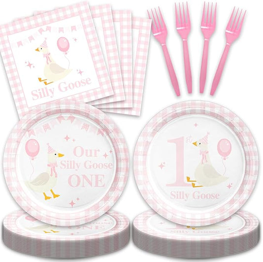 48Pcs One Silly Goose Birthday Decor Girl, Pink Silly Goose Birthday Baby Shower Party Decorations with Forks Paper Plates and Napkins Set Supplies