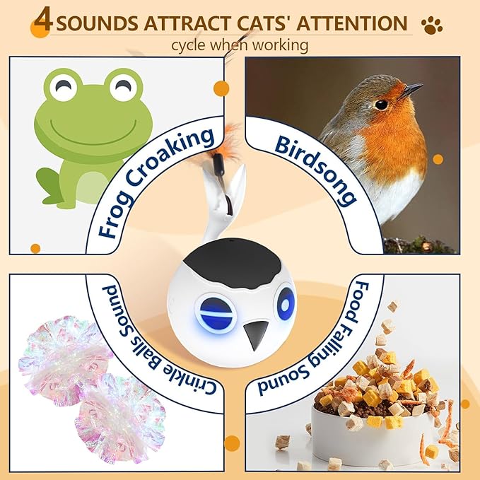 ORSDA Cat Toys, Interactive Cat Toys for Indoor Cats Automatic Moving Ball Bird for Bored Indoor Adult Cat Kitten Toys Ball, Motion Activated Fast Moving Chirping Stimulating Light Cats Toys, 2 Tails