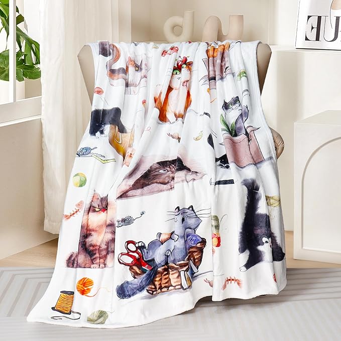 Cat Throw Blanket Cute Cats Bed Blanket for Cat Lovers Animal Print Blankets Super Soft Flannel Fleece Blankets Cozy Fuzzy Plush Throw Blanket for Couch Chair