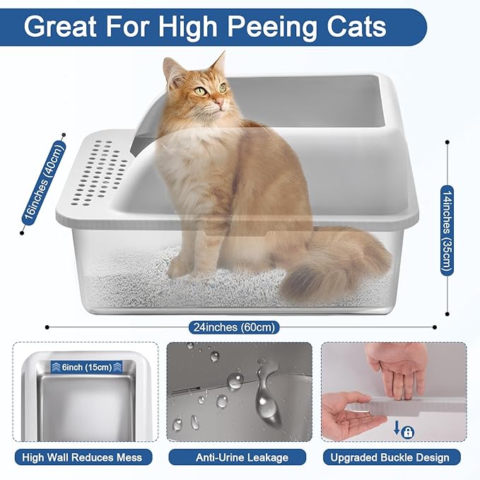 14" High Stainless Steel Cat Litter Box with Lid, Metal Litter Box for Big Cats, Stainless Steel Cat Litter Box for High Peeing Cat, XL Litter Box Easy to Clean, Non-Sticky, with Scoop