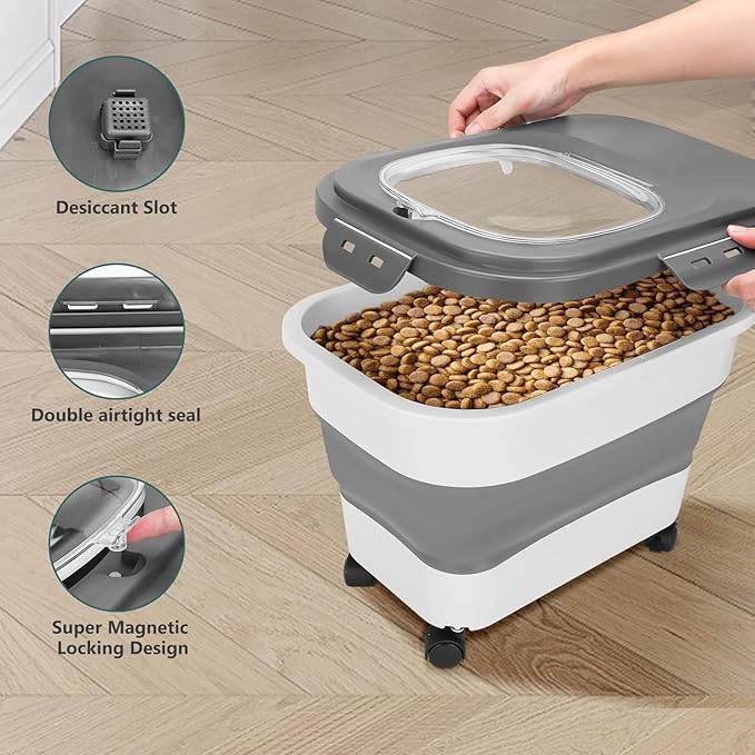 Dog Food Storage Containers 2 PCS(15/20 LB) Collapsible Dog Food Storage Container - with Measuring Cup &Scoop for Dog/Cat Food， (grey+grey)