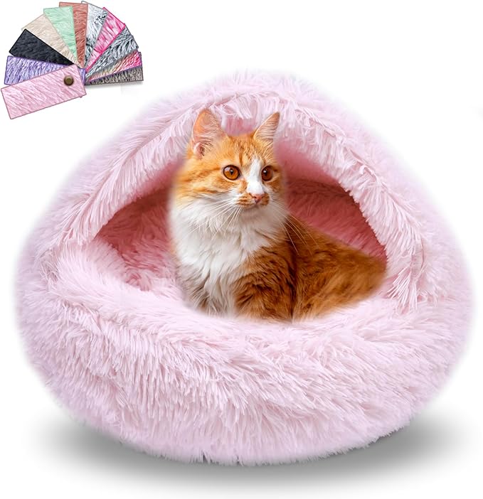 Calming Dog Beds & Cat Cave Bed with Hooded Cover,Washable Round Beds for Small Medium Pets,Anti-Slip Faux Fur Fluffy Coved Bed,Comfortable Warming Pet Bed(20 * 20inch,Light Pink)