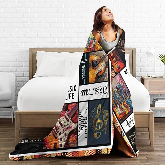 Retro Guitar Blanket for Woman Musical Instrument Guitar Throw Blanket Music Notes Decor Stuff Merch Cozy Fuzzy Warm Soft Plush Flannel Lightweight Bedding Guitar Gifts for Girls Kids Couchs 50"X40"