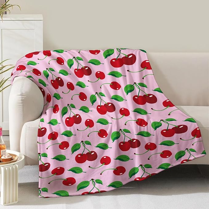 Cherries Blanket Gifts for Women Girls Mom Kids Adults Teen Birthday Christmas Valentine Present Pink Cherry Fruit Theme Decor Home Bedroom Living Room Sofa Couch Soft Cozy Plush Fleece Throw 60"x50"