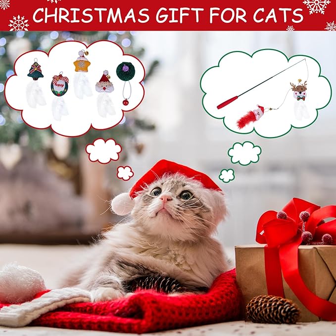 Pet Soft Cat Toys Feathers Wand Christmas Interactive Cat Toy Kitten Toys Retractable Cat Wand Toy and 7 Feather Teaser Refills with Bells Cat Toys