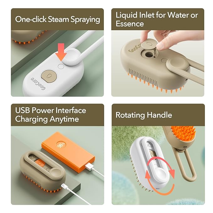 2nd Generation 3-in-1 Cat Steam Brush for Shedding, Pet Hair Removal Comb with Water Tank, Spray Cat Brush for Pet Grooming, Steamy Cat Brush for indoor Haired Cats, Dogs and Rabbits (Beige)