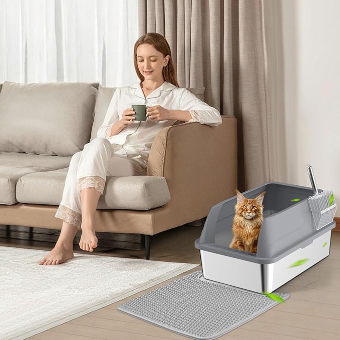 2 Pack Stainless Steel Cat Litter Box, Extra Large Steel Litter Boxes for Big Cats, XL Metal Cat Litter Box with Lid,Anti-Urine Leakage, Non-Sticky, Include Cat Mat and Litter Scoop