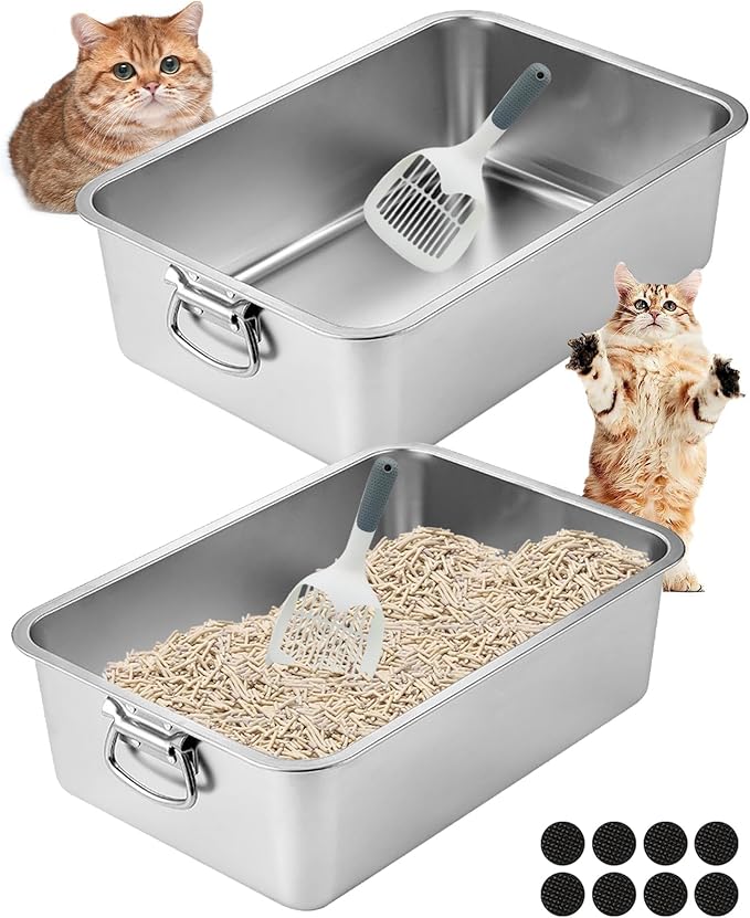 BNOSDM 2 Pack Stainless Steel Litter Box with Handles, (17.7'' x 14'' x 6'') Open Metal Cat Litter Pan with Scoop Rustproof Smooth Cats Toilet Potty Kit for Cat Kitten