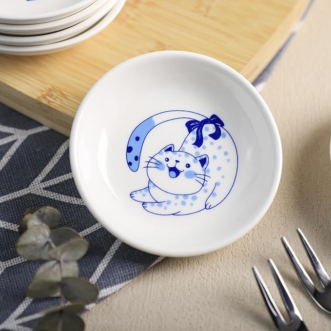 Blue and White Porcelain Vintage Cats Pattern Dessert Plates, Appetizer Plates, Snack Plates Set, Seasoning Dishes, Side Dishes, Saucer Dipping Bowls, 6 PCS-Blue Cats-3.5 Inch