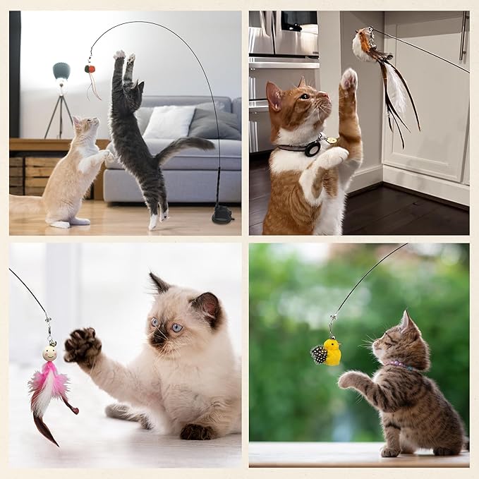 Interactive Suction Cup Cat Toy for Indoor Cat, Long Tail Feather Bird, Spring Wire Suctions to Ground, Hands Free Bird Simulation Cat Toy Wand Set that Sticks to Floor, Feathers & Bells