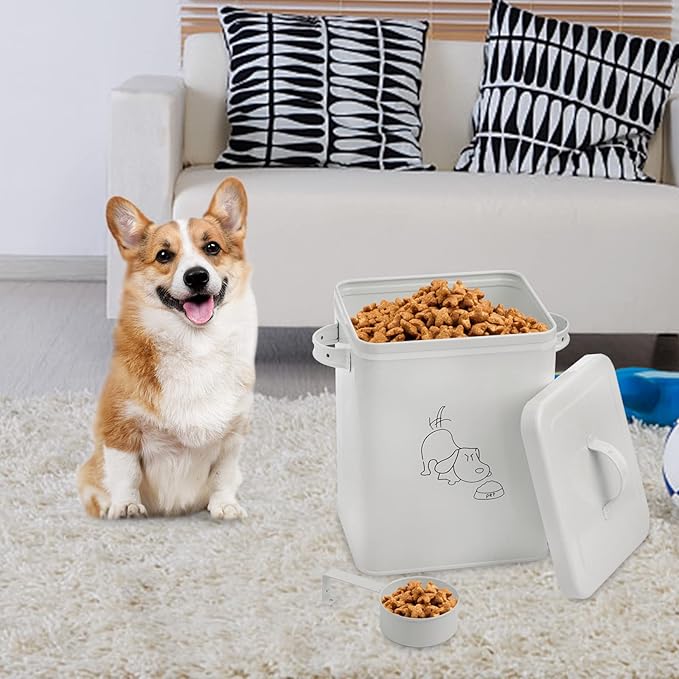 SOUJOY Pet Treat and Food Storage Bin with Lid and Scoop, 6LBS White Vintage Farmhouse Storage Tin, Coated Carbon Steel Canister, Gift for Dogs Owners