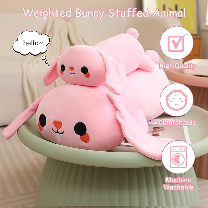 SQEQE Weighted Bunny Plush, Weighted Bunny Stuffed Animal, Cute Plushies Soft Pink Pillow Toy Gift for Kids Adults 9.8 Inch, 0.8 Lbs