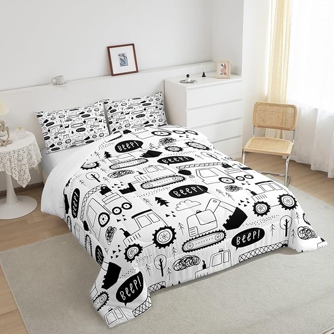 Cartoon Cars Kids Comforter Set King Size,Tractor Truck Excavator Toddler Bedding Set,Girls Boys Adults Room Decor,Construction Vehicles Down Comforter,Black White Chic Duvet Insert,2 Pillowcases