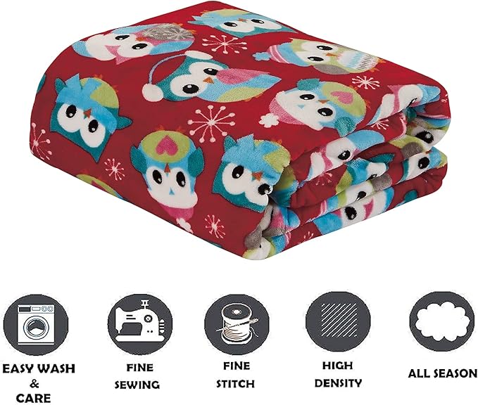 Elegant Comfort Luxury Velvet Super Soft Christmas Prints Fleece Blanket-Holiday Theme Home Décor Fuzzy Warm and Cozy Throws for Winter Bedding, Couch and Gift, 50 x 60 inch, Owl
