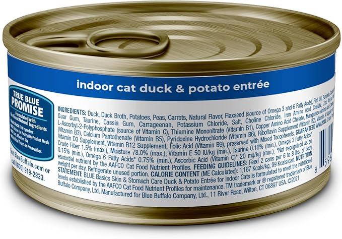 Blue Buffalo Basics Grain-Free Wet Cat Food, Skin & Stomach Care, Limited Ingredient Diet for Indoor Cats, Duck & Potato Entrée, 3-oz Cans (24 Count)