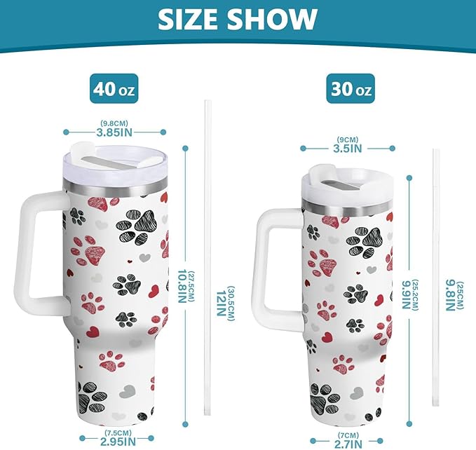 Boccsty Black Red Dog Paw Prints Hearts Insulated Tumblers Reusable Stainless Steel Tumbler 40 oz Cup Coffee Travel Mug Water Bottle with Handle & Flip Straw for Home Office Car