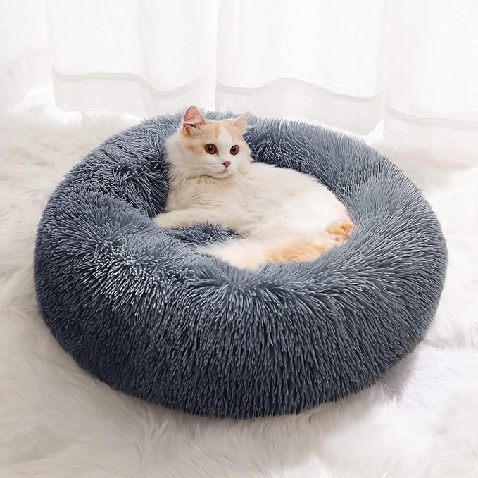 Small Cat Bed for Indoor Cats, Self-Warming Donut Kitty Bed for Small Cats Keeping Warm, Washable Pet Bed with Anti Slip Base, 20‘’ Darkgrey