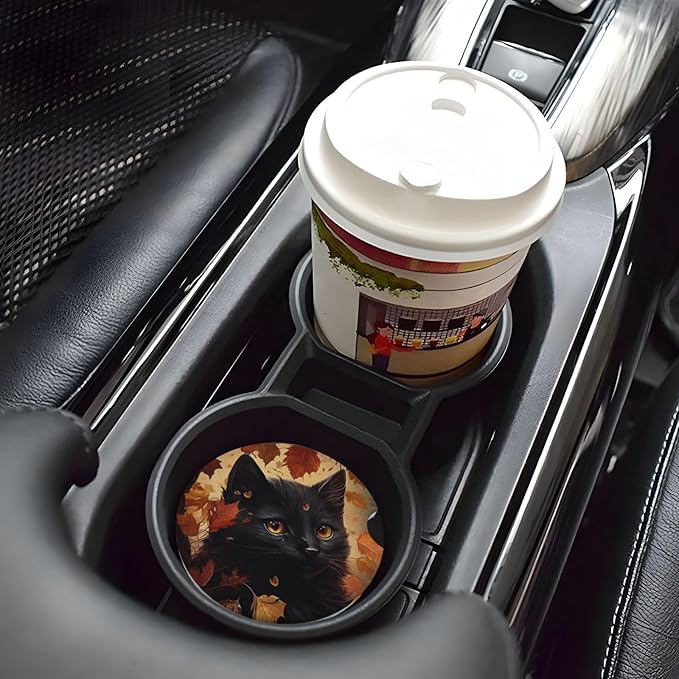Absorbent Ceramic Car Coasters for Cup Holders, Black Cat Fall Leaf Design 2.56" Anti Slip Universal Drink Cup Coasters for Women Men (2 Pack)