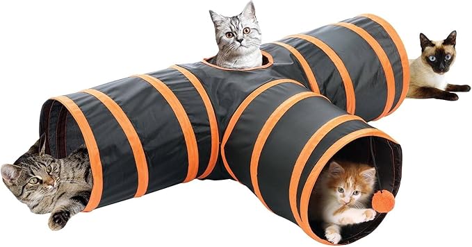 Kitty Fun Tunnel; Collapsible/Portable 3-way Cat Tunnel with Hanging Ball for Cats, Kittens, Rabbits