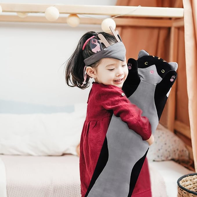 shangman Lovely Plush Cat Doll - Cute Cartoon Soft Stuffed Kitten Pillow, Long Throw Sleeping Pillow, Valentine’s Day Gift for Kids & Girlfriend (Black, 70cm/27.5in)