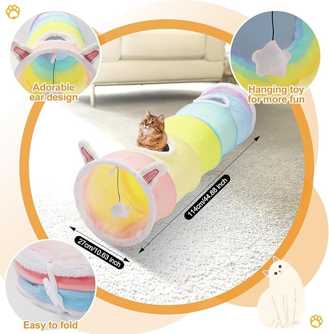 Large Size Straight Cat Tunnel with Four Holes and Hanging Ball for Indoor Cat Exercise, Interactive Crinkle Inside Material