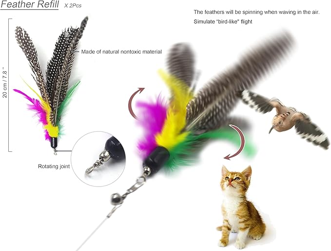 Cat Toys Wand Retractable Interactive Feather Teaser Cat Toy with Bell, 5pcs Refills