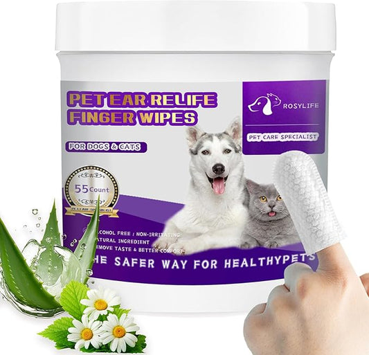 55 Count PET Ear Cleaning Finger Wipes for Dogs & Cats,Ear Cleaner Finger Wipes,Removes Dirt & Odor,Easy to Use, Natural Ingredients (Ear Cleaning Wipes)