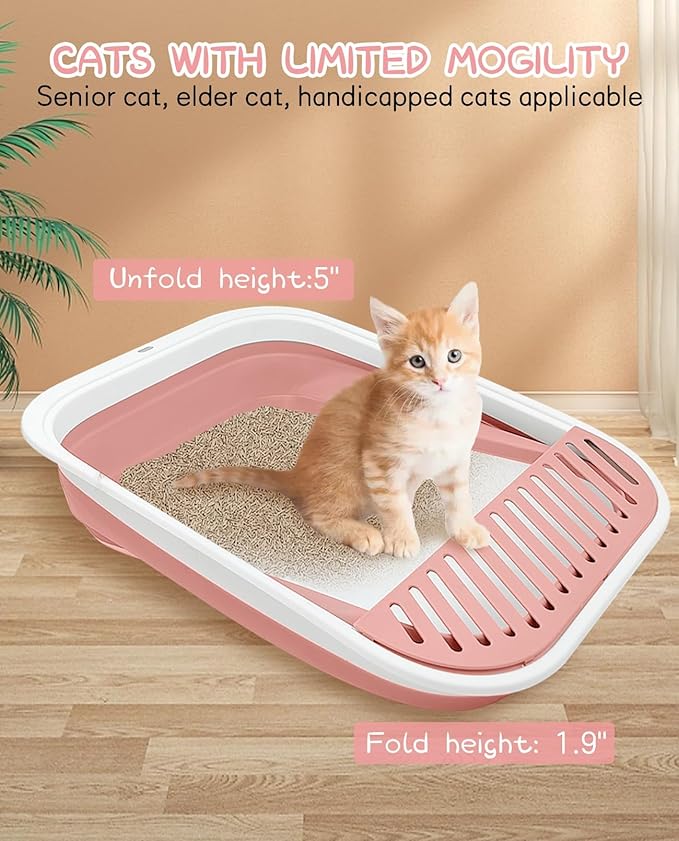 BNOSDM Foldable Small Cat Litter Box for Kittens Open Potty Pan Collapsible Cat Toilet with Scoop Senior Kitty Travel Shallow Litters Boxes Anti-Splash Waterproof for Small-Sized Cats Pink