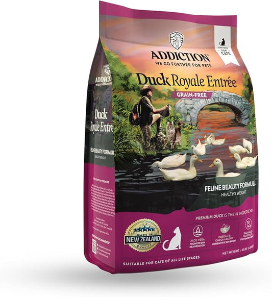 Addiction Duck Royale – Cage-Free New Zealand Duck Recipe – Feline Beauty Blend - Complete & Balanced - Gentle on Digestion - Grain-Free Dry Cat Food for All Life Stages – 4lbs