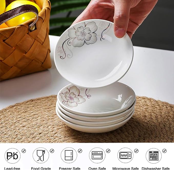 4 Pack Saucer Dishes with Flower Pattern, Ceramic Dipping Bowls, 4 Inch Side Dishes Sauce Dishes for Sushi Sauce Snack, Porcelain Seasoning Dishes Appetizer Plates, Snack Serving Dishes