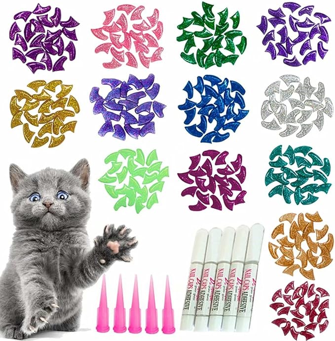100pcs Cat Nail Caps Glitter Cat Paw Covers Kitten Nail Caps Pet Tips with Adhesives and Applicators Medium