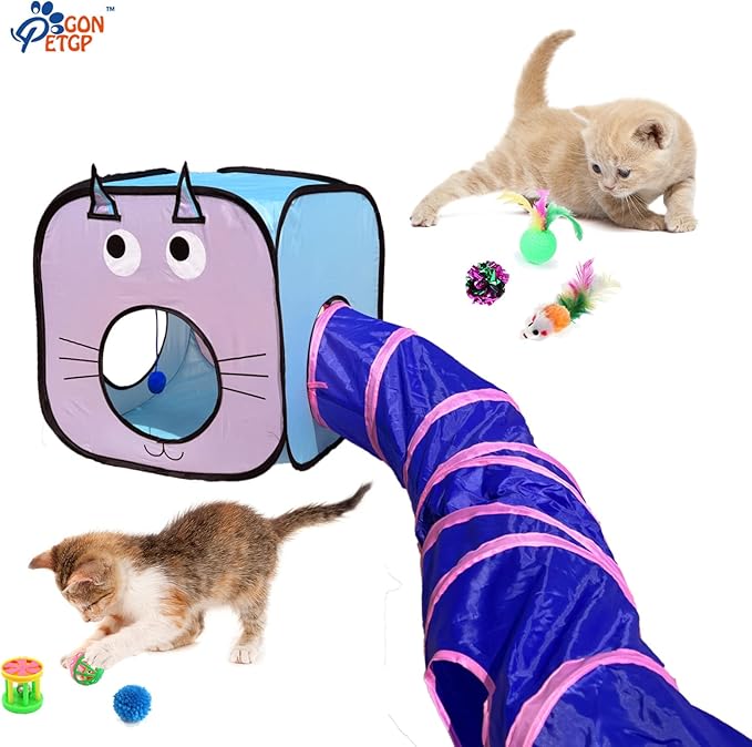 Cat Toys for Indoor Cats, 23 PCS Kitten Toys Set, Collapsible Pet Tunnel Cube Tent Toys, Interactive Cat Feather Teaser Wand Cat Bell Balls Fuzzy Ball Springs Mouse Toys for Cat Kitty