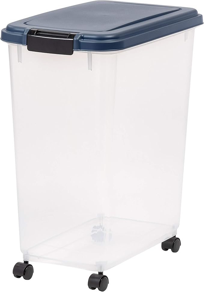 IRIS USA Airtight Dog Food Storage Container, Up to 40 lbs, Attachable Wheels, For Dog Cat Bird and Other Pet Food Storage Bin, Keep Fresh, Translucent Body, Easy Mobility, Navy