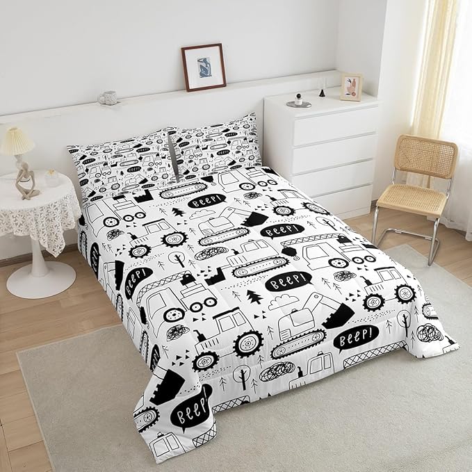 Cartoon Cars Kids Comforter Set Queen Size,Tractor Truck Excavator Toddler Bedding Set,Girls Boys Adults Room Decor,Construction Vehicles Down Comforter,Black White Chic Duvet Insert,2 Pillowcases