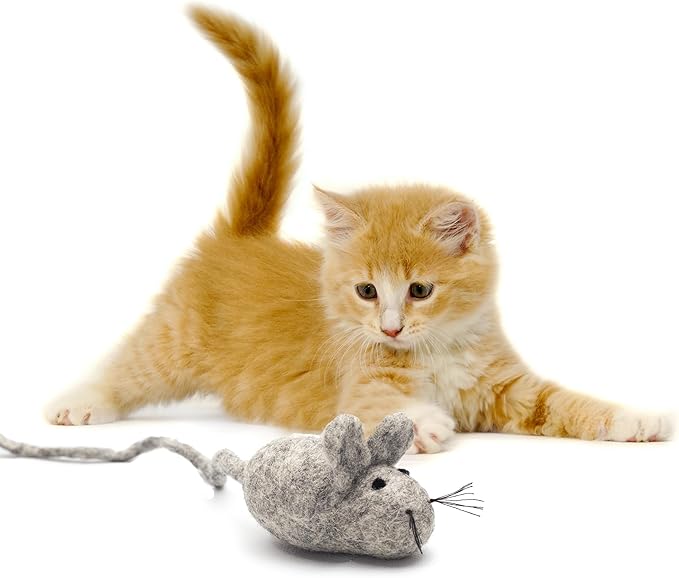 Glaciart One Felt Mouse Cat Toy – Soft Fuzzy Enrichment 100% Natural Wool Toy - Interactive Catnip Play Cat Toy Set - Safe for Pets, Non-AZO Colored Dyes - 100” Long