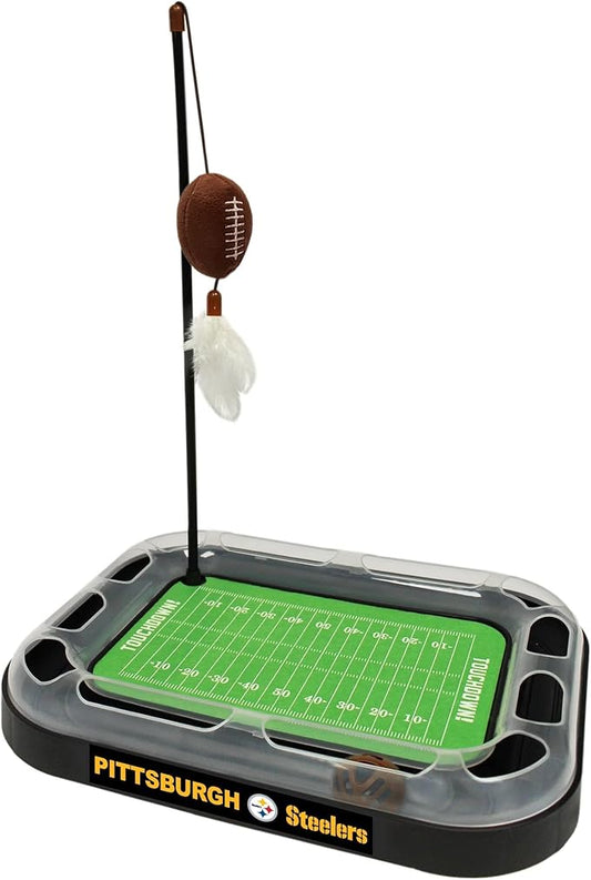 BEST CAT TOY NFL Pittsburgh Steelers Football Field CAT Scratcher Toy with Catnip Filled Plush Football Toy & Feather Cat Toy Hanging, with Jingle Bell Interactive Ball Cat Chasing 5-in-1 Kitty Toy