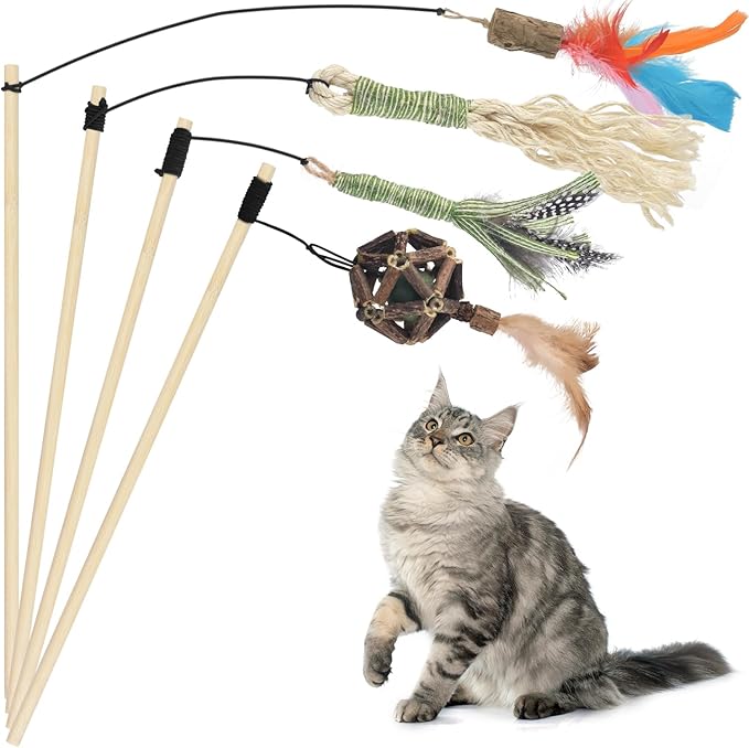 TINDTOP Interactive Cat Toys, 4 Pack Cat Wand Toys with Sisal Chew Sticks, Natural Feather and Silvervine Sticks Catnip Ball, for Indoor Cats to Chase and Exercise