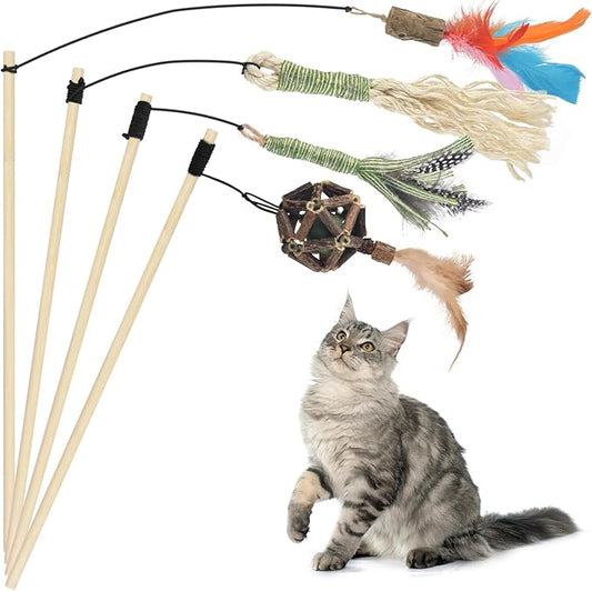 TINDTOP Interactive Cat Toys, 4 Pack Cat Wand Toys with Sisal Chew Sticks, Natural Feather and Silvervine Sticks Catnip Ball, for Indoor Cats to Chase and Exercise