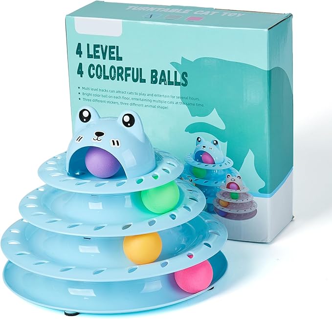 Suhaco Cat Toys Interactive for Indoor Cats Kitten Toy Fun Roller 4 Level Cat Teaser Ball Toys with 4 Colorful Balls Kitten Puzzle Toys for Boredom (Blue)