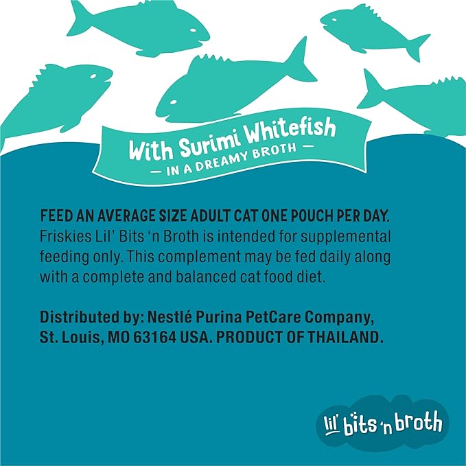 Purina Friskies Lickable Cat Food Toppers Bits ‘n Broth With Surimi Whitefish in a Dreamy Broth - (Pack of 16) 1.2 oz. Pouches