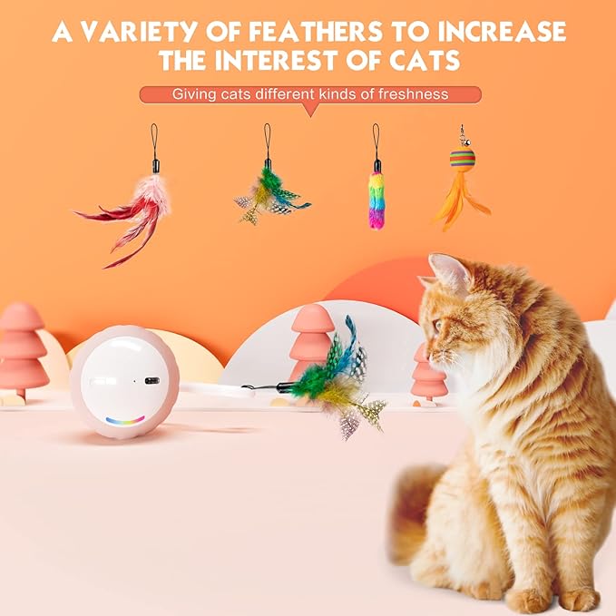 AAA AMUSANG Speed Tail Cat Toys Interactive Cat Toy Ball, Turbo Tail Cat Toy for Indoor Cats, with LED Lights and Feathers DIY 5 in 1 Automatic Cat Ball Toys Type-C Rechargeable (Pink)