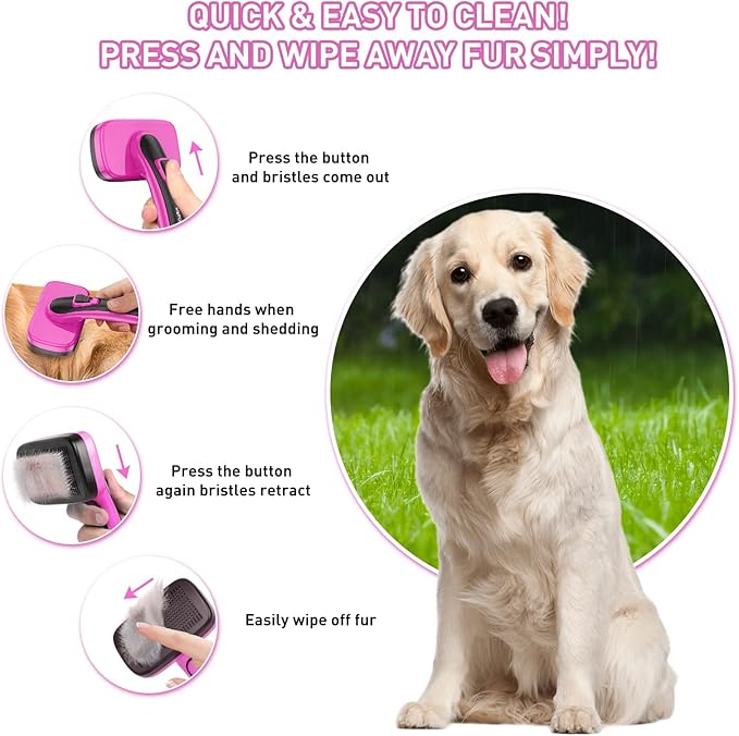 Dog Brush for Shedding, Self-Cleaning Slicker Brush, Perfect for Short & Long Haired Pets, Removes Mats, Tangles, Loose Fur, Gentle on Skin, Ideal for Small, Medium, Large Dogs. Pink