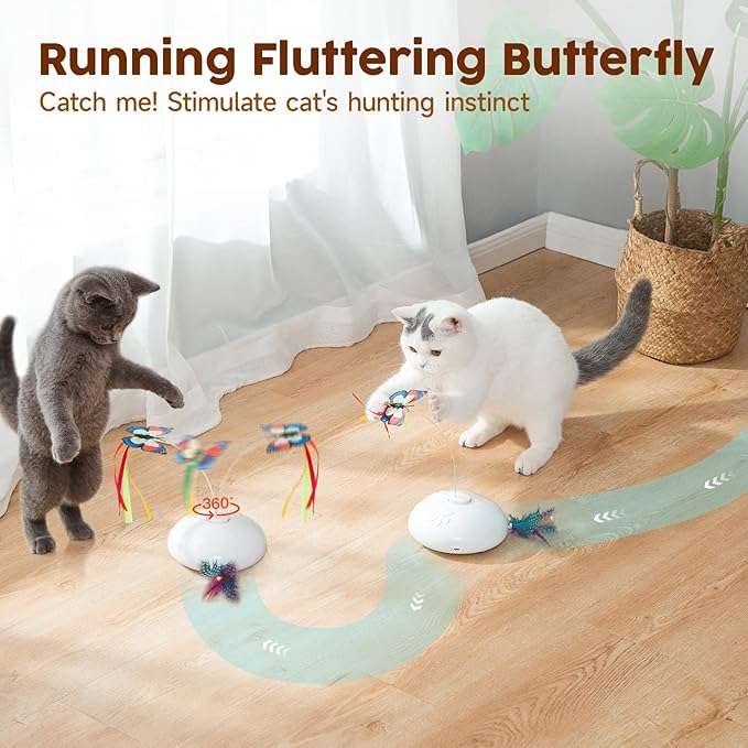Potaroma Smart 4 in 1 Cat Toys, Interactive Butterfly Cat Toy, Running Moving Kitten Toys, 2.2" Height, White for All Breed Sizes