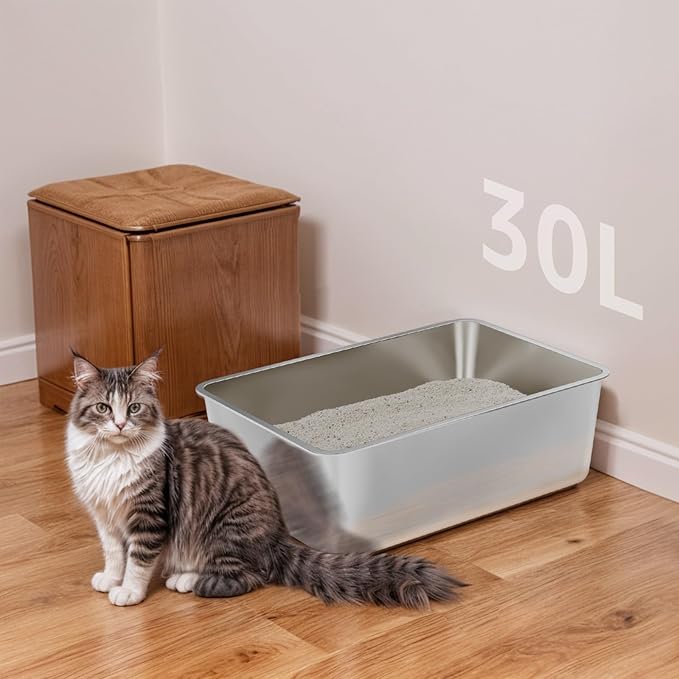 2 Pack Stainless Steel Cat Litter Box,XXL Metal Litter Box for Big Cat 8IN Deep, Metal Pet Toilet Cat Litter Pan Easy to Clean,High Sided Litter Box Adult Cats,Non Stick, No Smell