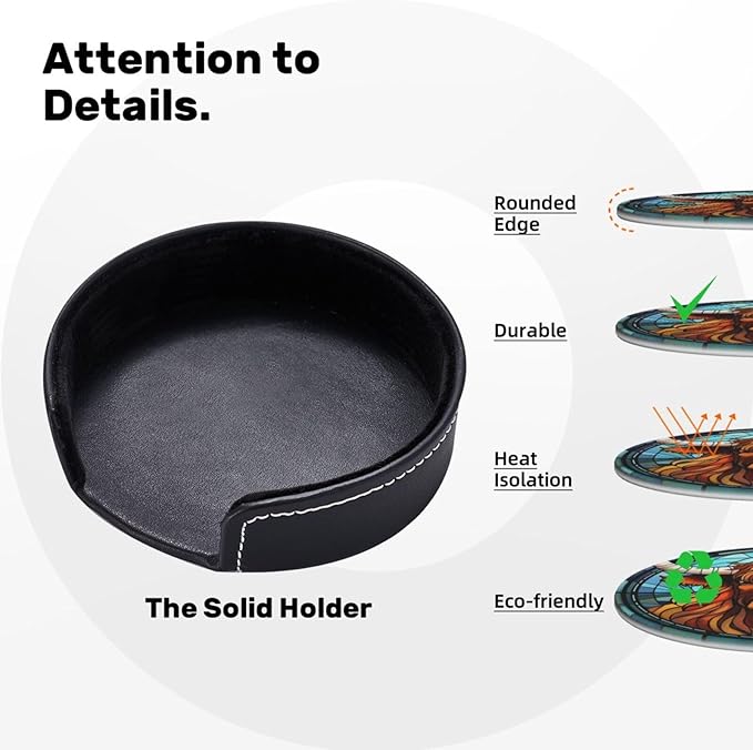 Highland Cow Drink Coaster Set of 6, Highland Cow Decor Gifts, Leather Drink Coasters with Holder, 6 Pack Cup/Bar/Drink Coasters for Table/Drinks/Coffee Protection Housewarming Gift