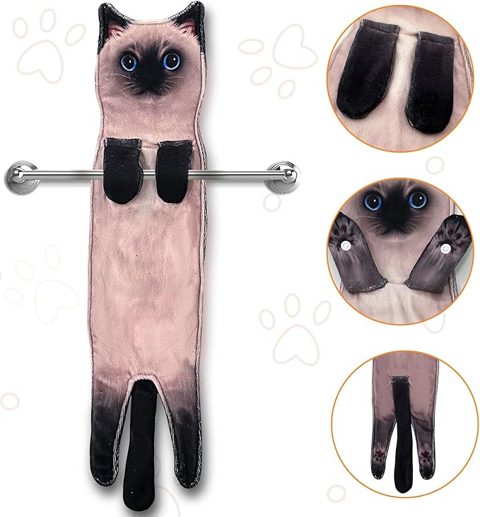 PAT JUUMG Funny Cat Hand Towels for Bathroom, Kitchen Decor: Cute Decorative, Super Absorbent Soft Hanging Towels - Women's Gift for Cat Lovers (Siamese Cat)