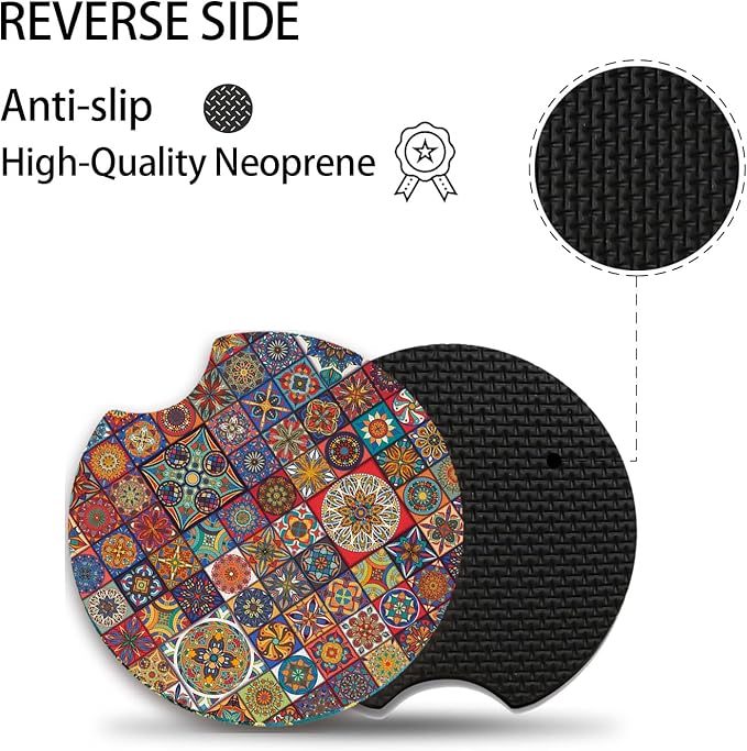 Car Coasters, Boho Absorbent Car Cup Holder Coasters, 2.75inch, Mandala Style for Women Men, 2 Pack Absorbent Universal Neoprene Car Coasters with Finger Slot