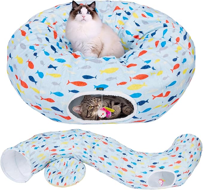 Ownpets Large Cat Tunnel Bed for Indoor Cats, Soft Plush Cat Donut Tunnel with Washable Cushion, Cute Peekaboo Cat Cave for Cat, Puppy, Rabbit, Blue