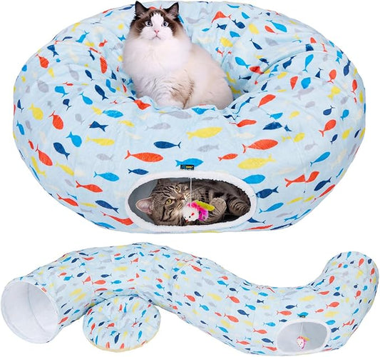 Ownpets Large Cat Tunnel Bed for Indoor Cats, Soft Plush Cat Donut Tunnel with Washable Cushion, Cute Peekaboo Cat Cave for Cat, Puppy, Rabbit, Blue