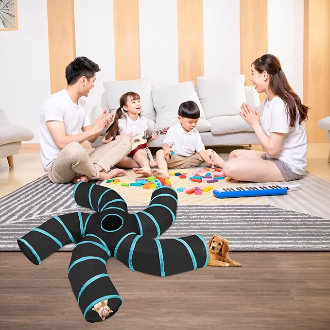 Cat Tunnels for Indoor Cats, 5 Way Cat Tubes and Tunnels Collapsible S-Shaped Cat Toys, Kitty Tunnels with Play Ball, Interactive Pet Tube Toys for Puppy, Kitty, Kitten, Rabbit, Blue & Black